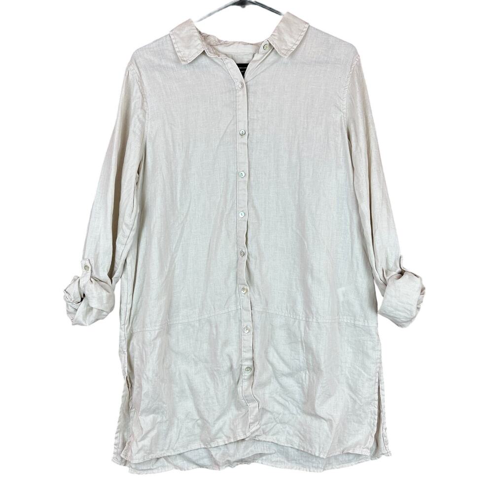 Tahari Light Beige Button-Down Tunic Shirt with Roll-Tab Sleeves